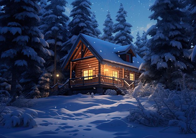A photorealistic image of a cozy cabin nestled in a snowy forest captured from a low angle to showc