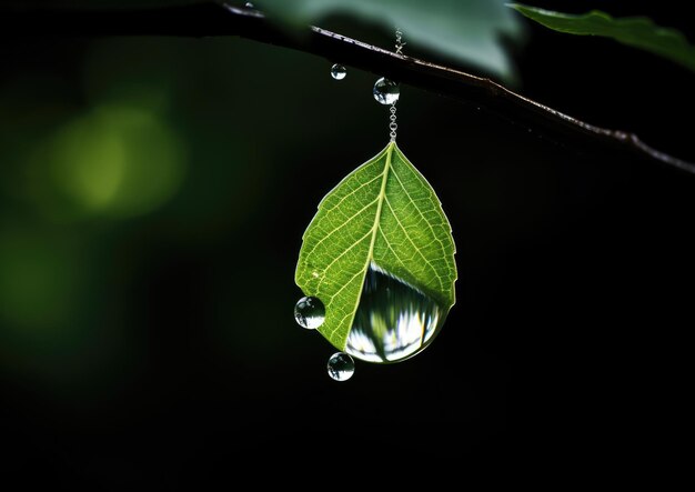 A photorealistic image of a crystalclear water droplet delicately hanging from a leaf captured