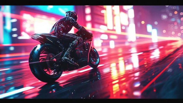 Photo a photorealistic image of a cyberpunk man riding a sleek motorbike neonlit japanese highway at night city lights blur past lighting neon signs ai generative