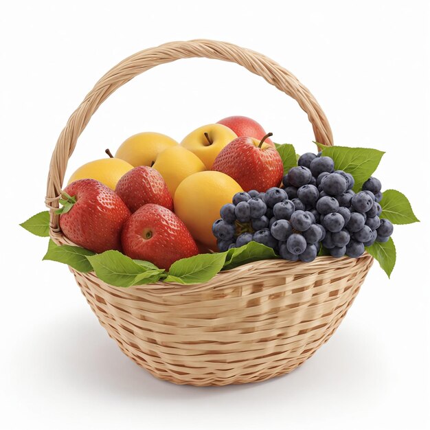 photorealistic image of a fruit basket on a white background