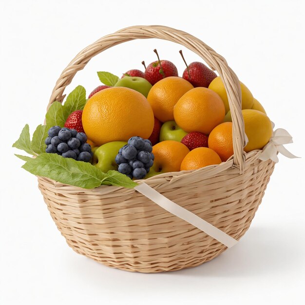 photorealistic image of a fruit basket on a white background