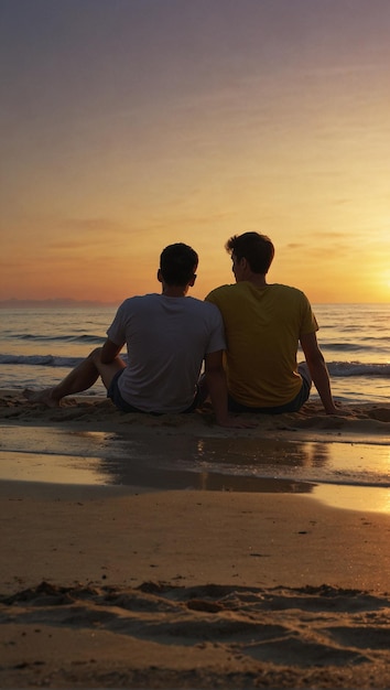 Foto immagine fotorealista di una coppia gay che guarda il tramonto su una spiaggia tranquilla