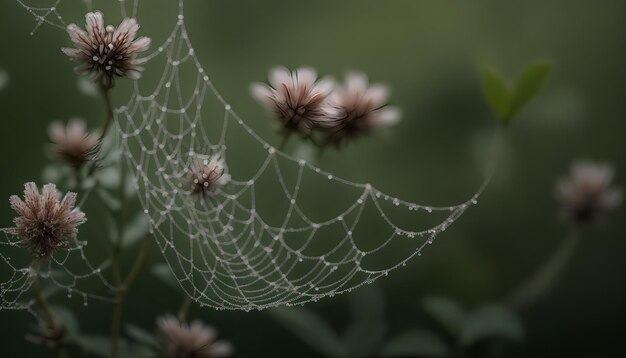 photorealistic image macro photography 105mm lens delicate spiderwebs adorned with dewdrops