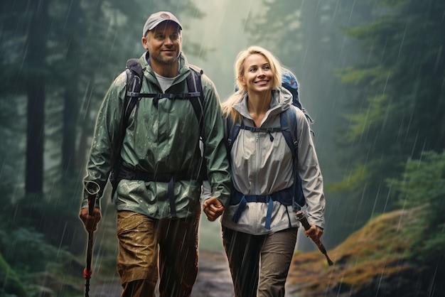 Photorealistic image of a middle aged couple of hikers walk through the forest