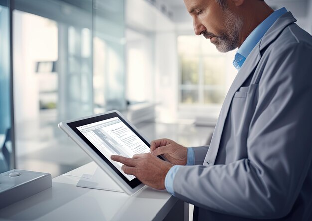 A photorealistic image of an orderly using a tablet to update patient records The lighting is soft