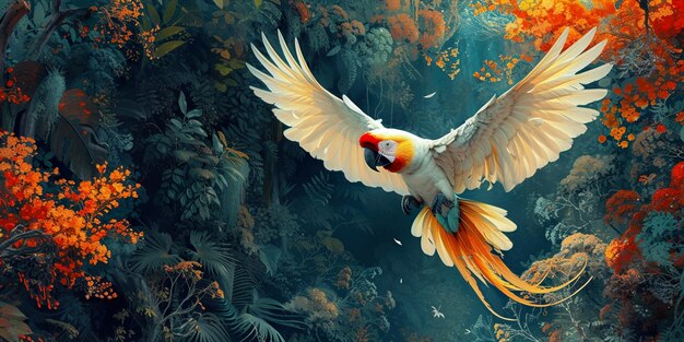 Photo photorealistic image of a parrot flying through the tropical rainforest