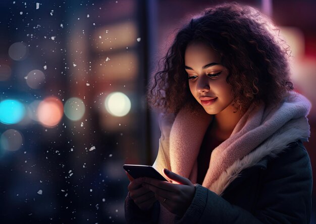 A photorealistic image of a shopper's face illuminated by the glow of a smartphone screen as they b