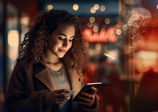 スマートフォンの画面の輝きで照らされた買い物客の顔の写実的な画像。