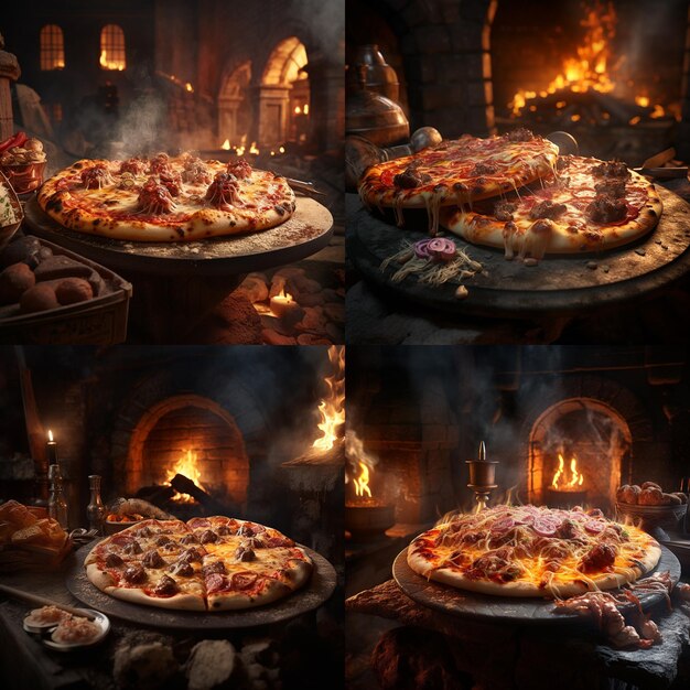 Photorealistic image of a steamy hot pizza on a wooden board with a pizza oven behind the scene