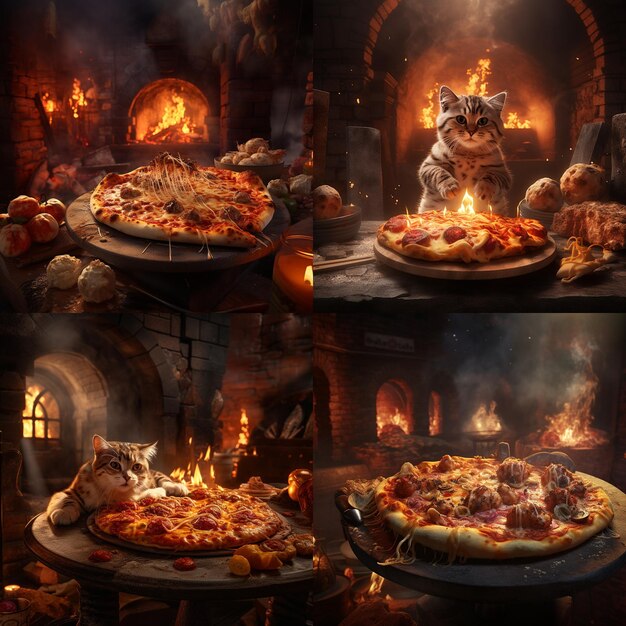 Photorealistic image of a steamy hot pizza on a wooden board with a pizza oven behind the scene