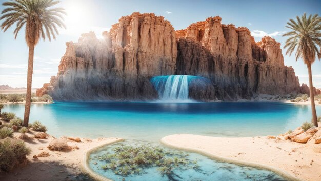 Photorealistic image of a surreal desert oasis