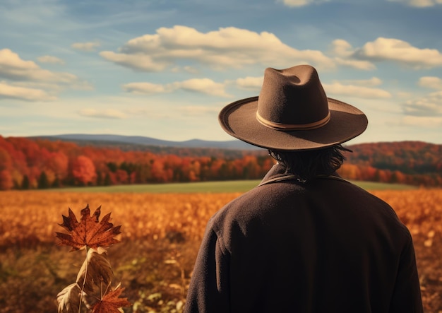 Photo a photorealistic image of a thanksgiving pilgrim hat worn by a model against a vibrant autumn landsc