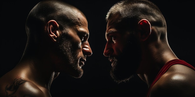 Foto immagine fotorealista di due pugili maschi faccia a faccia a duello di kickboxing