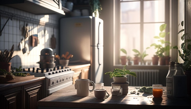 Photorealistic kitchen during the day sun light