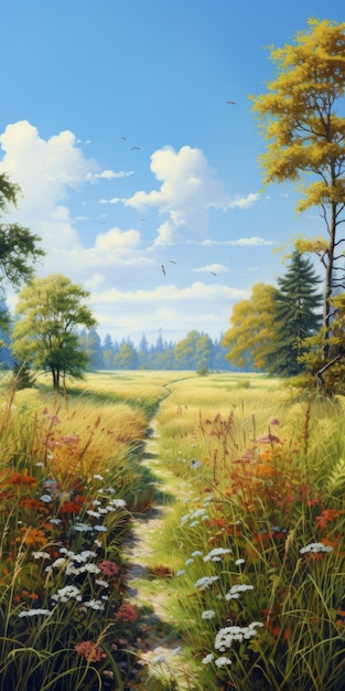 Photorealistic Landscape Painting With Lush Vegetation And Blue Sky