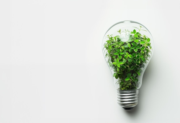 Photorealistic light bulb with green plants inside standing vertically on a table Ecological concept