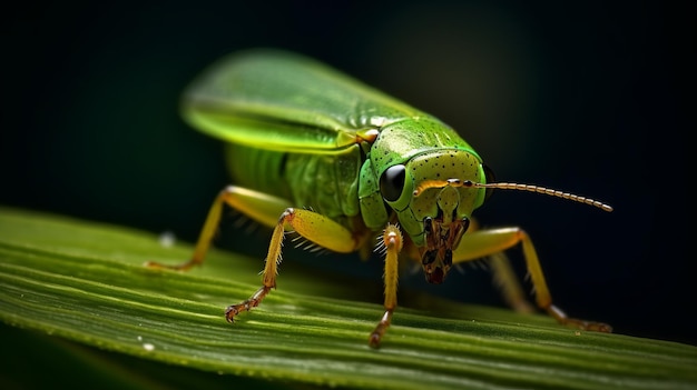 Photo photorealistic macro image of green leafhopper on dewy blade of grass