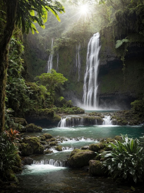 Photorealistic Majestic Waterfall in Lush Rainforest