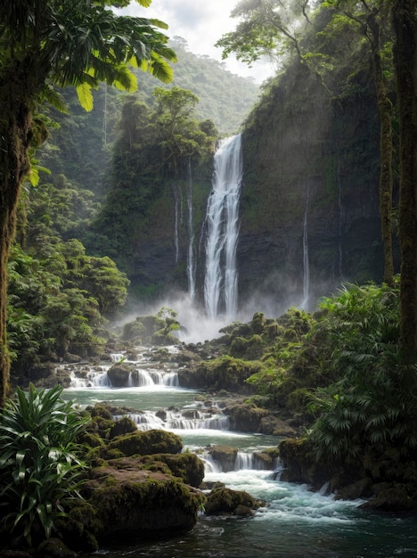 Photorealistic Majestic Waterfall in Lush Rainforest