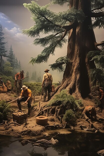 Foto diorama di un museo fotorealistico di un esploratore americano del 1800 con alberi finti e acqua finta