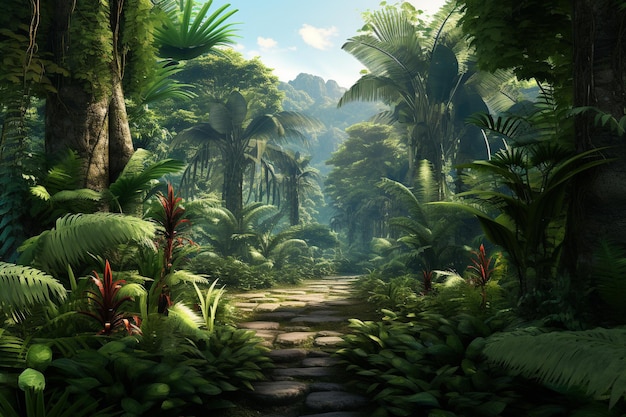 An Photorealistic Nature Tropical Rainforest with Diverse Flora