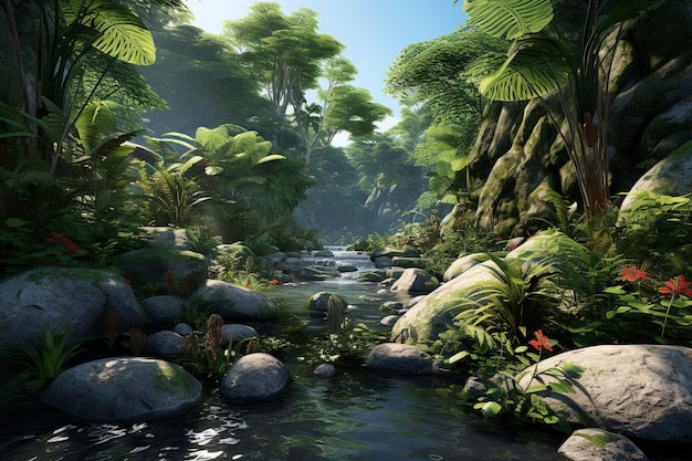 An Photorealistic Nature Tropical Rainforest with Diverse Flora