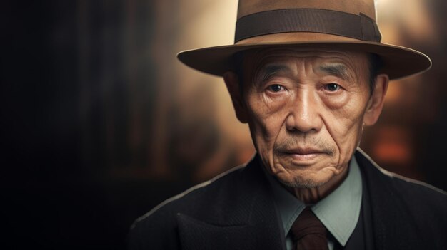 브라운 스트라이트 머리카락을 가진 포토 리얼리즘 중국인 노인 20년대 영화 스타일의 모자를 입은 사람의 초상화
