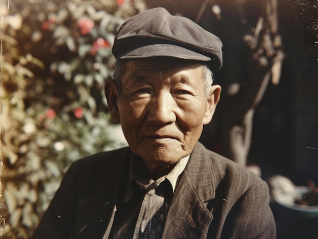 Photorealistic Old Chinese Man with Brown Straight Hair vintage Illustration