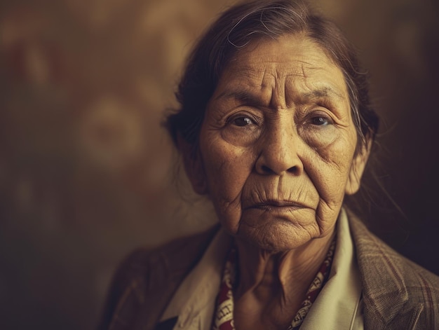 Photorealistic Old Latino Woman with Brown Straight Hair vintage Illustration