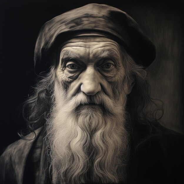 Photorealistic Painting Of A Long Bearded Man In Black And White