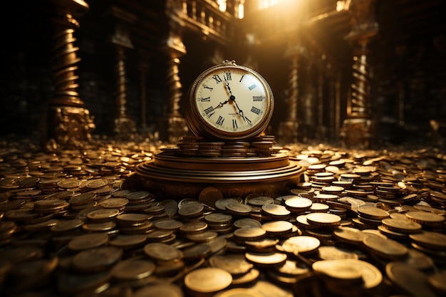 Photorealistic pastiche Clock amidst towering piles of money