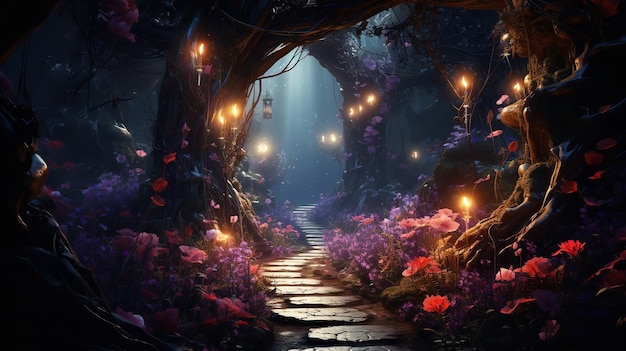 A photorealistic of a path through a dark forest Ai generative
