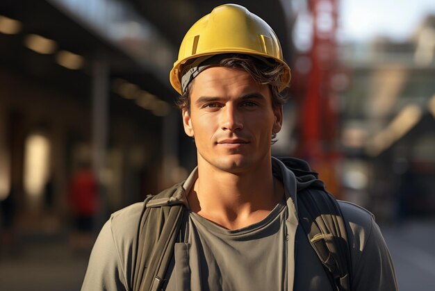 Фото Фотореалистичная фотография рабочего, работающего на фабрике в шлеме