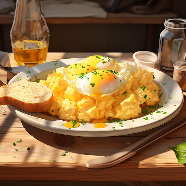 photorealistic picture of a breakfast in a cafe with scrambled egg