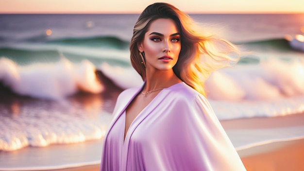 Foto ritratto fotorealistico di una bella donna sulla spiaggia in un vestito rosa