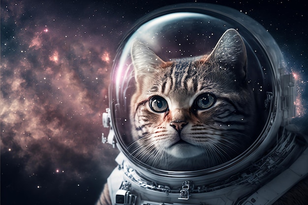 은하계에서 우주복을 입은 사실적인 초상화 고양이