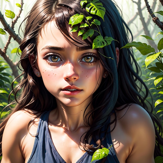 Photorealistic portrait of a cute friendly little girl in the jungle