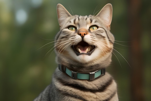 활기찬 목걸이를 입은 행복한 고양이의 사진 현실적인 초상화