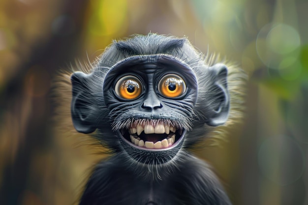 photorealistic portrait of a monkey with a big teeth smile and huge eyes on jungle blured background