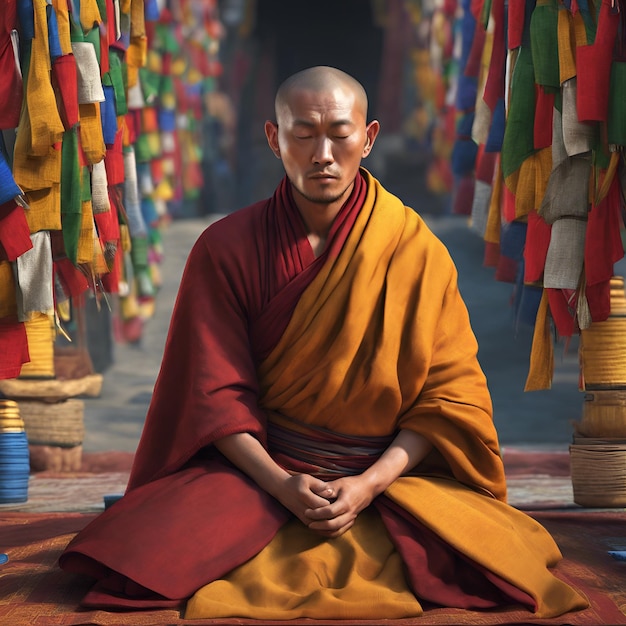 A photorealistic portrait of a Tibetan monk in prayer surrounded by prayer flags fluttering in the