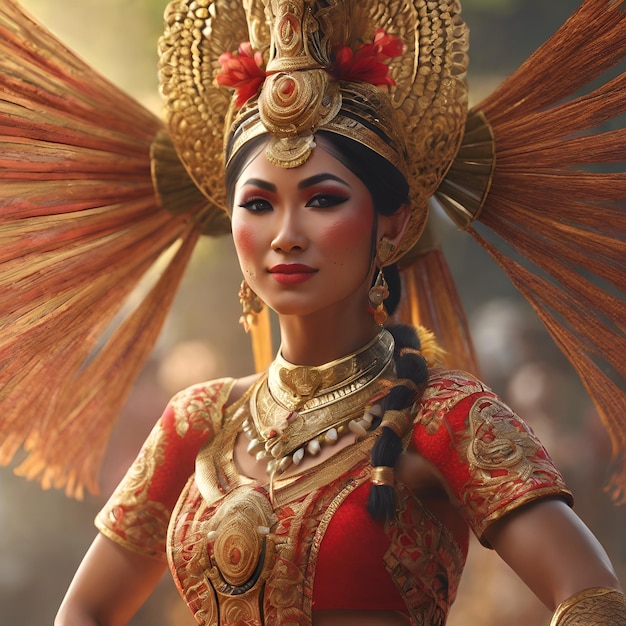 A photorealistic portrait of a traditional Balinese dancer performing a mesmerizing dance with int