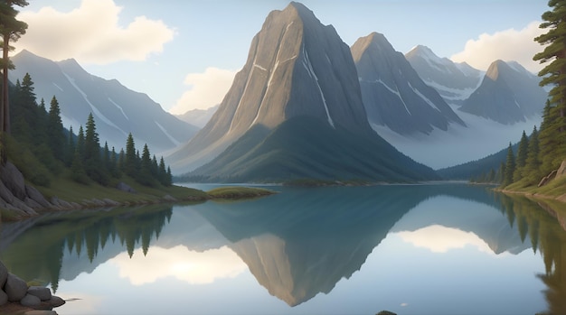 Фотореалистичное изображение безмятежного горного озера, потрясающая картина, сцена горного озера