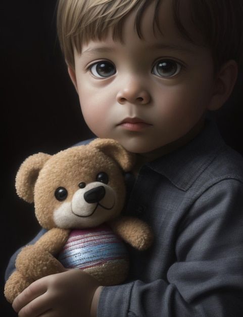 A photorealistic potrait of a child with a toy in their hands