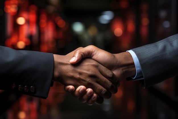 Photorealistic precision Close shot of two professionals shaking hands in a redfurnished office