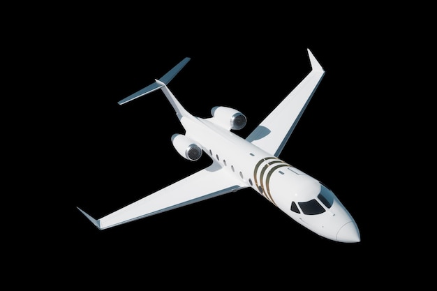 Photorealistic rendering of a business jet aircraft on a black background isolate The concept of business flights private jet luxury life corporate business trips 3D illustration 3D render