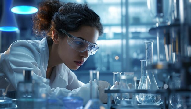 A photorealistic rendering of a female scientist in a laboratory