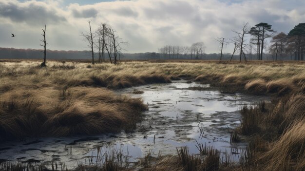 Photo photorealistic rendering of a postapocalyptic marsh in dutch landscape style