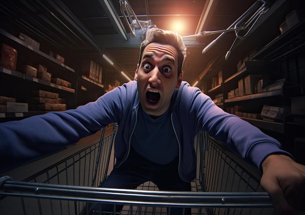 A photorealistic selfportrait of a shopper pushing a Black Friday shopping cart captured with a se