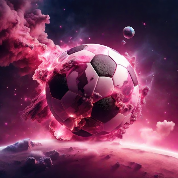 a photorealistic soccer ball as a planet in space with pink smoke and explosions with 2 moons in t