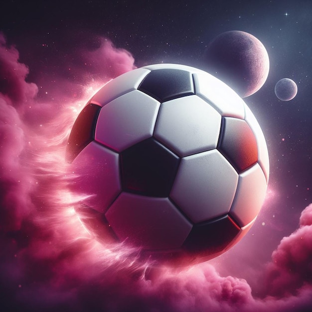 Photorealistic soccer ball planet with pink smoke explosions and moons